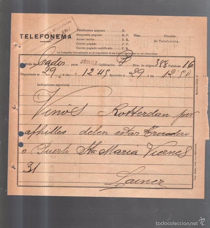 Documentos antiguos: TELEFONEMA. 1912. DE CADIZ PARA JEREZ - Foto 1