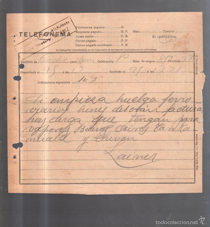 Documentos antiguos: TELEFONEMA. 1912. DE CADIZ PARA JEREZ - Foto 1