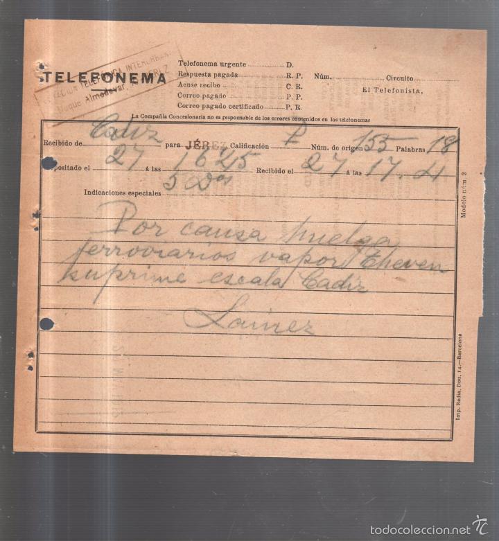 Documentos antiguos: TELEFONEMA. 1912. DE CADIZ PARA JEREZ - Foto 1