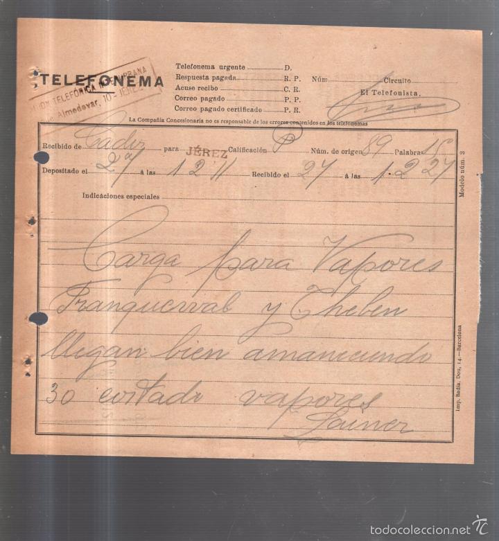 Documentos antiguos: TELEFONEMA. 1912. DE CADIZ PARA JEREZ - Foto 1