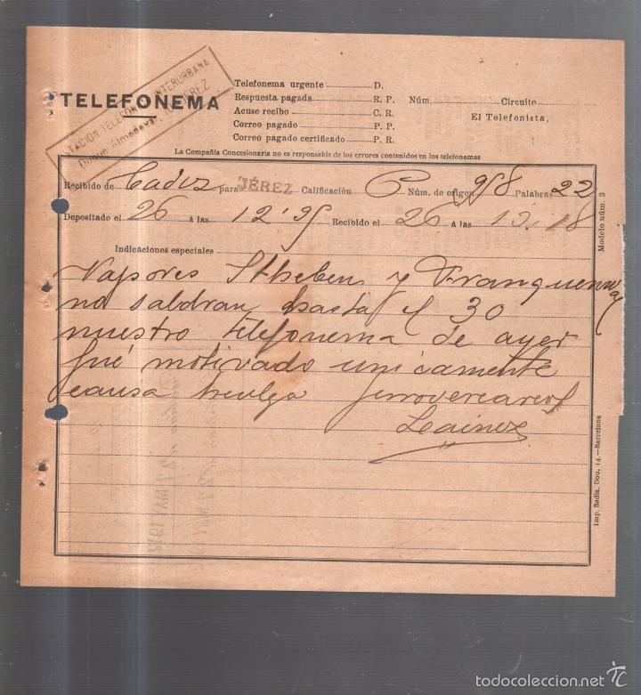 Documentos antiguos: TELEFONEMA. 1912. DE CADIZ PARA JEREZ - Foto 1