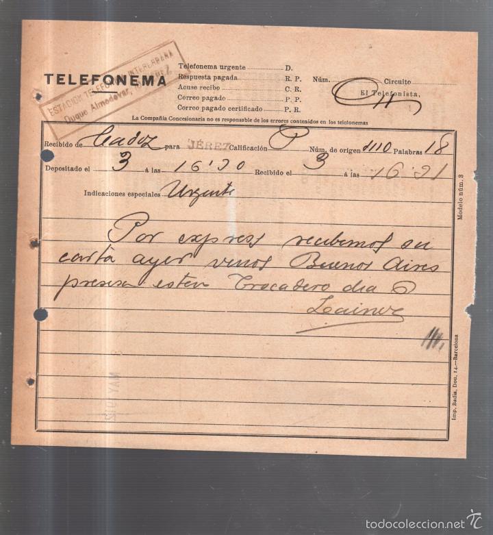 Documentos antiguos: TELEFONEMA. 1912. DE CADIZ PARA JEREZ - Foto 1