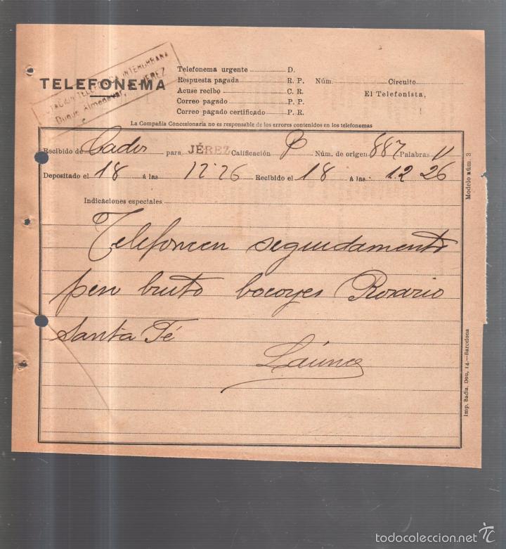 Documentos antiguos: TELEFONEMA. 1912. DE CADIZ PARA JEREZ - Foto 1