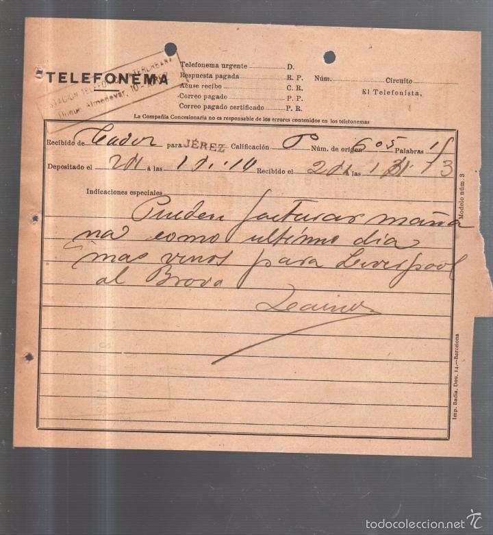 Documentos antiguos: TELEFONEMA. 1912. DE CADIZ PARA JEREZ - Foto 1