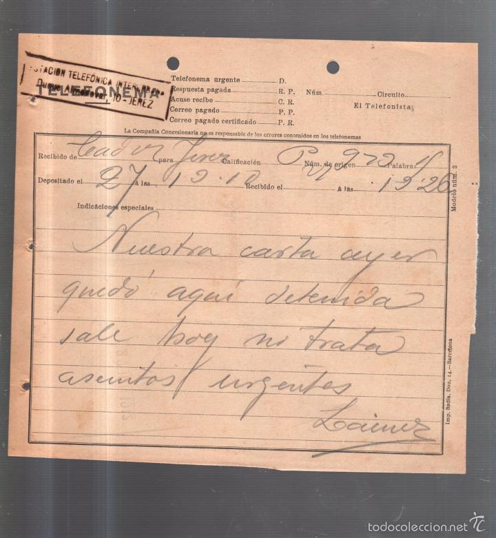 Documentos antiguos: TELEFONEMA. 1912. DE CADIZ PARA JEREZ - Foto 1