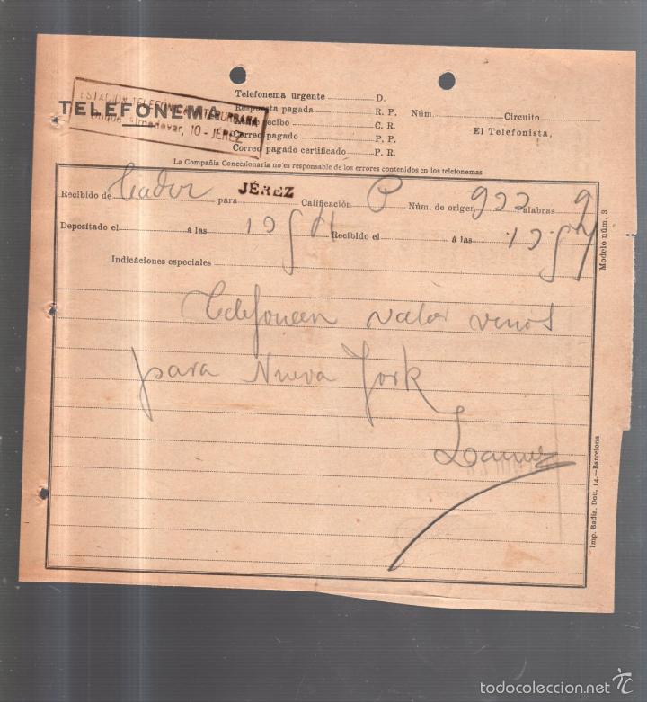 Documentos antiguos: TELEFONEMA. 1912. DE CADIZ PARA JEREZ - Foto 1