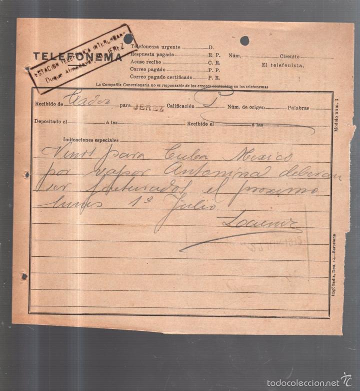 Documentos antiguos: TELEFONEMA. 1912. DE CADIZ PARA JEREZ - Foto 1