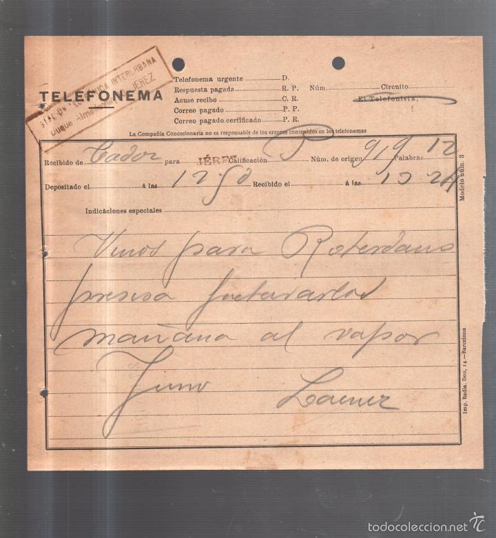 Documentos antiguos: TELEFONEMA. 1912. DE CADIZ PARA JEREZ - Foto 1