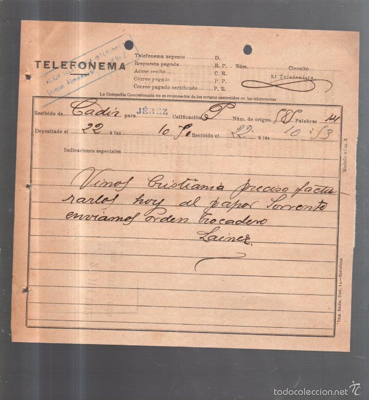 Documentos antiguos: TELEFONEMA. 1912. DE CADIZ PARA JEREZ - Foto 1