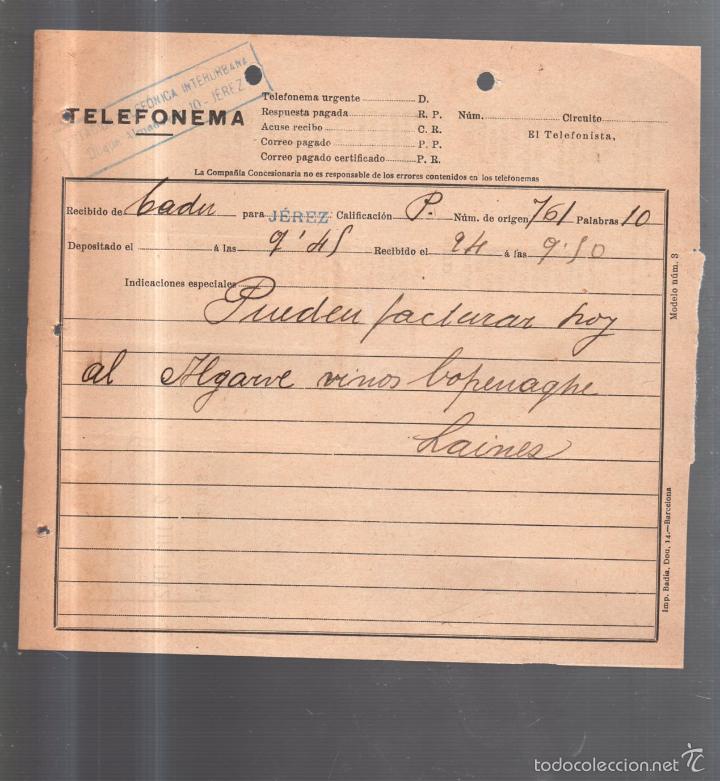 Documentos antiguos: TELEFONEMA. 1912. DE CADIZ PARA JEREZ - Foto 1
