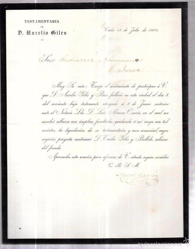 Documentos antiguos: CADIZ 1903. CIRCULAR DE LA TESTAMENTARIA DE DON AURELIO GILES. - Foto 1