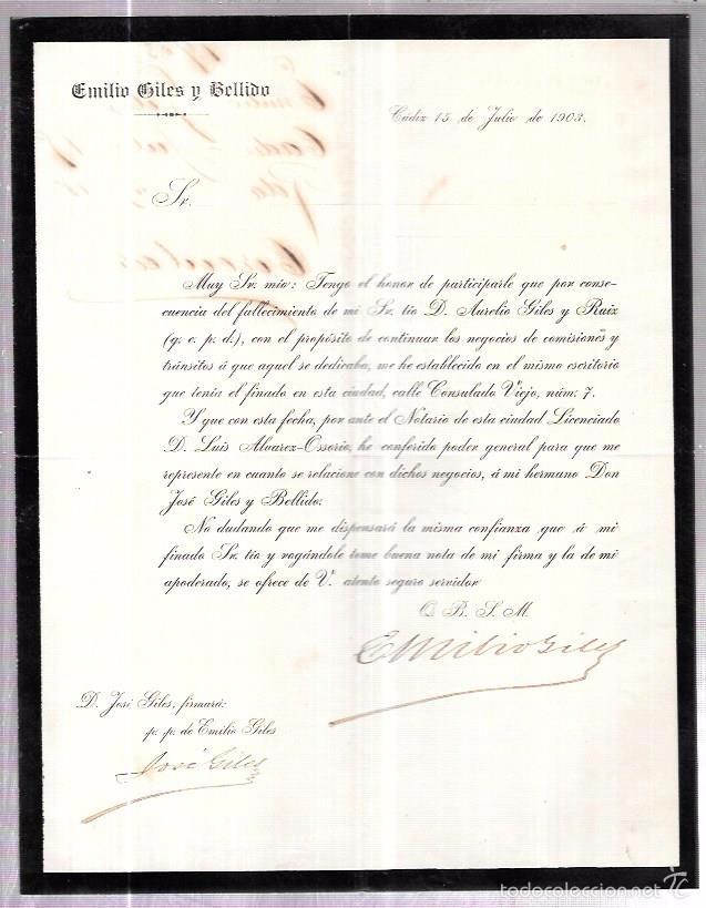 Documentos antiguos: CADIZ 1903. CIRCULAR DE LA TESTAMENTARIA DE DON AURELIO GILES. - Foto 2