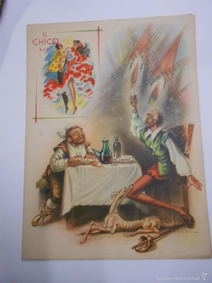Documentos antiguos: CARTA DE MENU RESTAURANTE EL CHICO N.Y.C. (NEW YORK) PORTADA CON QUIJOTE Y SANCHO EN COLOR. A&Ntilde;OS 50