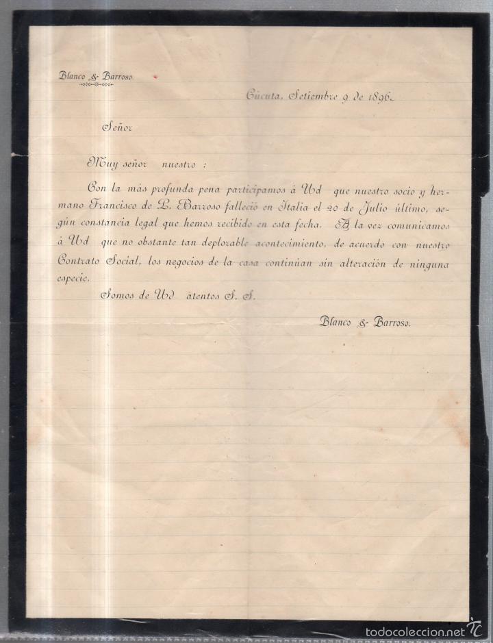 Documentos antiguos: CUCUTA, BOGOTA. 1896. BLANCO & BARROSO. CIRCULAR ANUNCIANDO EL FALLECIMIENTO DE FRANCISCO P. BARROSO