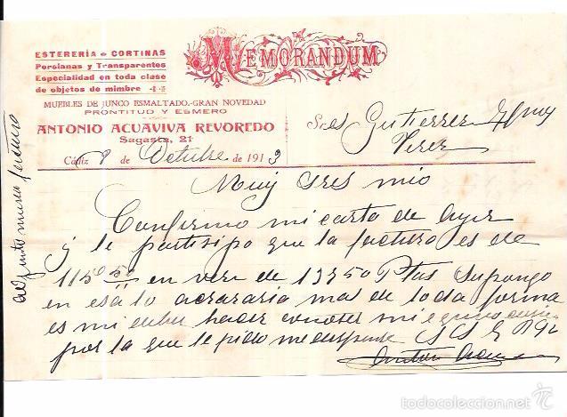 Documentos antiguos: CADIZ. MEMORANDUM. ESTERERIA, CORTINAS. ANTONIO ACUAVIVA REVOREDO. A&Ntilde;O 1913.