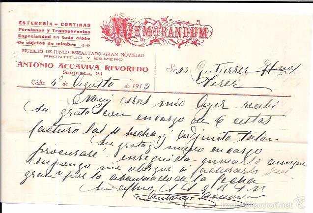 Documenti antichi: CADIZ. MEMORANDUM. ESTERERIA, CORTINAS. ANTONIO ACUAVIVA REVOREDO. A&Ntilde;O 1919.