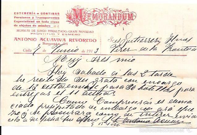Documenti antichi: CADIZ. MEMORANDUM. ESTERERIA, CORTINAS. ANTONIO ACUAVIVA REVOREDO. A&Ntilde;O 1919.