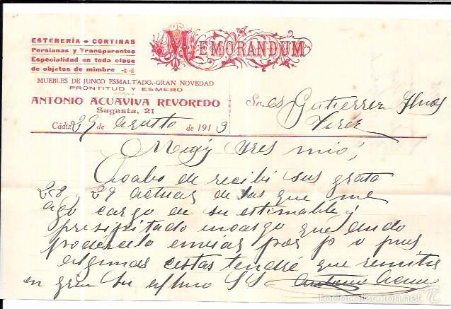 Documenti antichi: CADIZ. MEMORANDUM. ESTERERIA, CORTINAS. ANTONIO ACUAVIVA REVOREDO. A&Ntilde;O 1919.