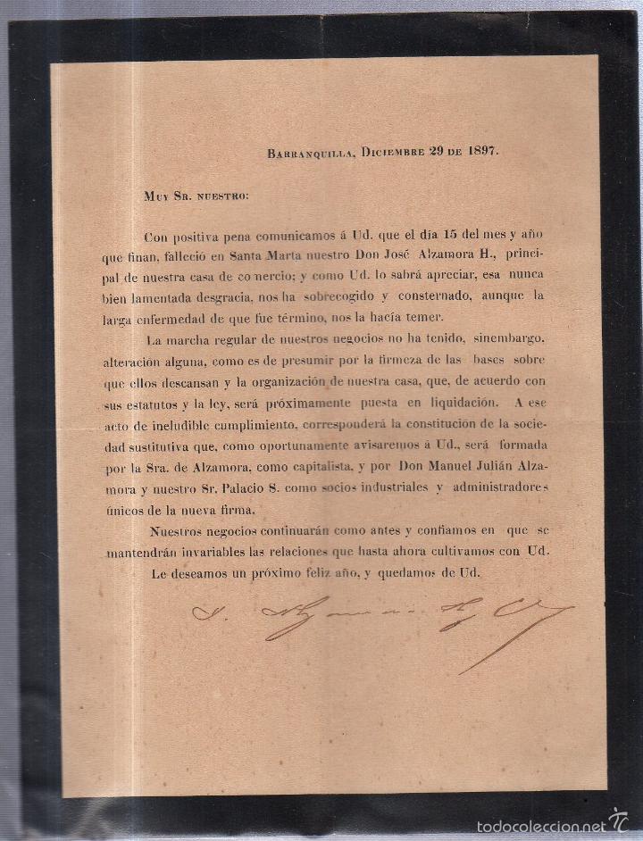 Alte Dokumente: BARRANQUILLAS, COLOMBIA. 1897. CIRCULAR ANUNCIANDO FALLECIMIENTO DE DON JOSE ALZAMORA