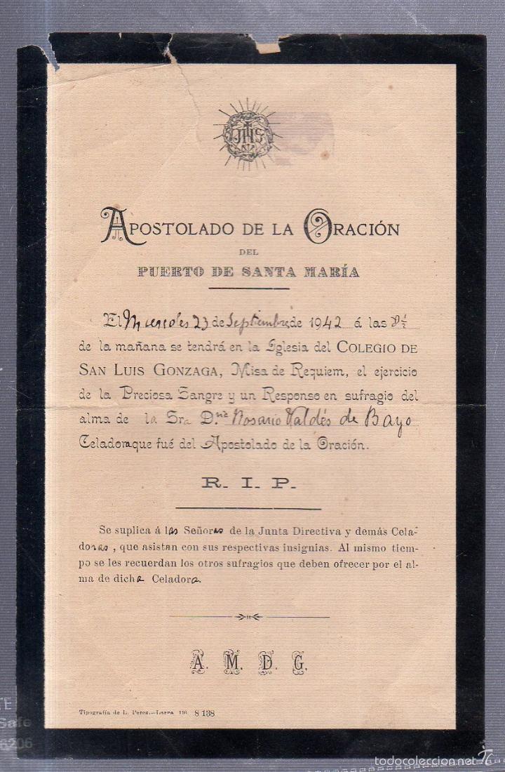 Alte Dokumente: PUERTO DE SANTA MARIA. 1942. CELEBRACION DE MISA POR DO&Ntilde;A ROSARIO VALDES DE BAYO