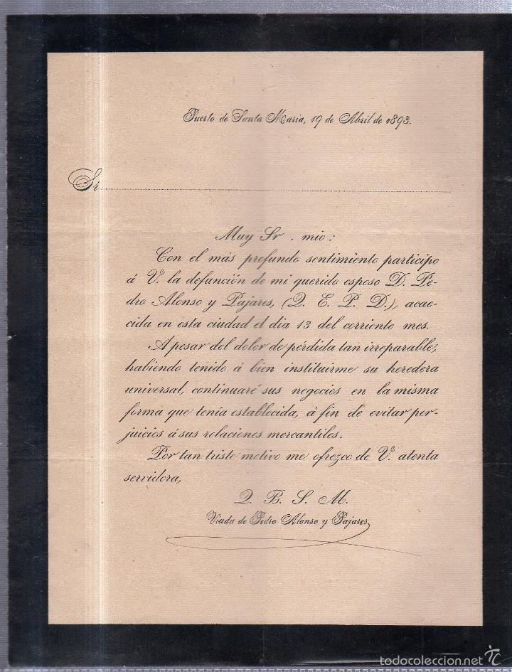 Alte Dokumente: PUERTO DE SANTA MARIA, 1893. CIRCULAR PARTICIPANDO DEFUNCION DE DON PEDRO ALONSO Y PAJARES