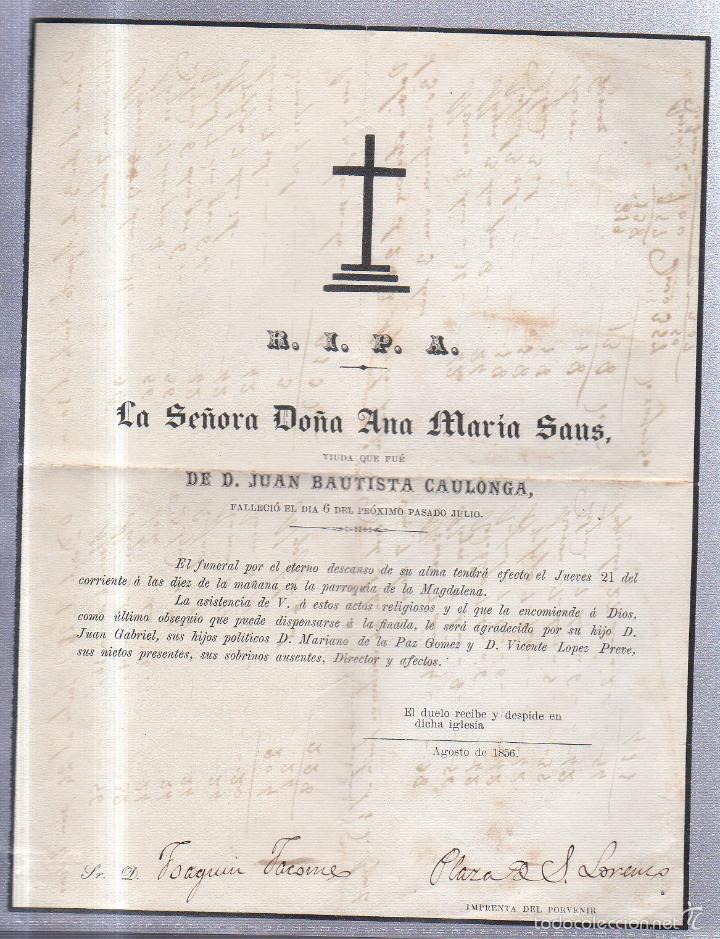 Old Documents: 1856. ESQUELA DE DO&Ntilde;A ANA MARIA SANS.
