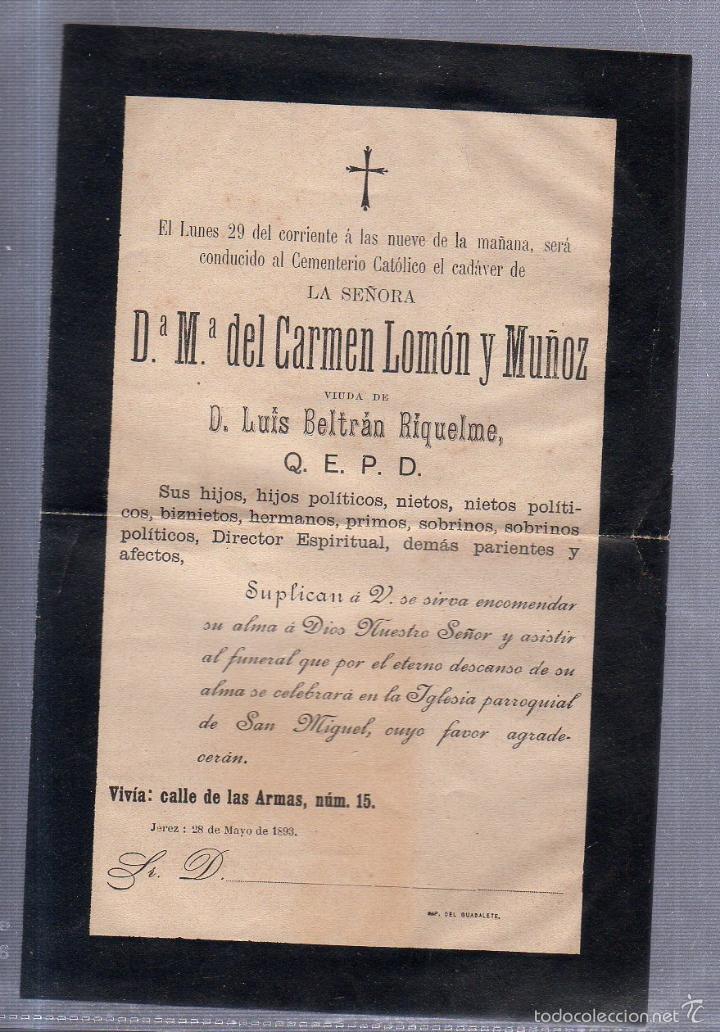 Alte Dokumente: JEREZ, 1893. ESQUELA DE DO&Ntilde;A MARIA DEL CARMEN LOMON Y MU&Ntilde;OZ