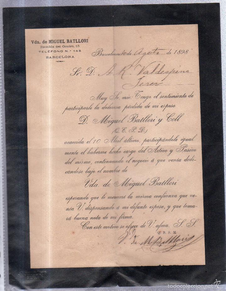 Alte Dokumente: BARCELONA. 1898. CIRCULAR PARTICIPANDO FALLECIMIENTO DE DON MIGUEL BATLLORI Y COLL