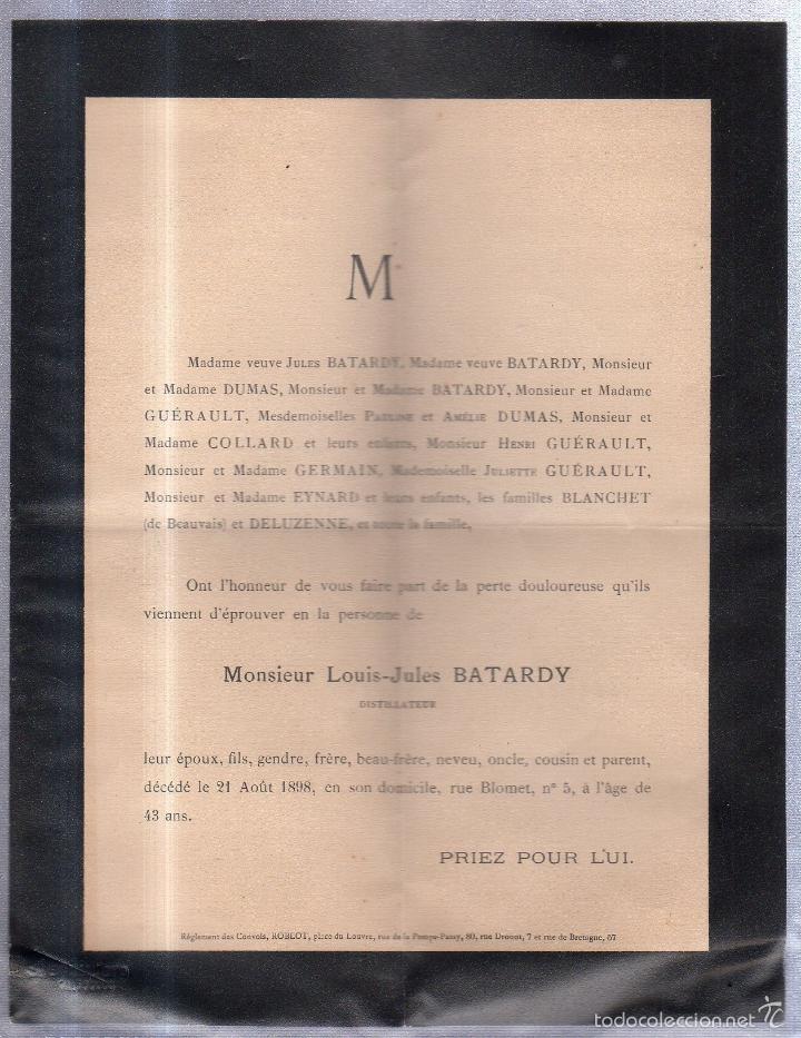 Documents Anciens: 1898. CIRCULAR PARTICIPANDO FALLECIMIENTO DE DON LOUIS-JULES BATARDY
