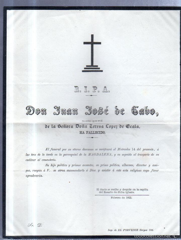 Documentos antiguos: 1855. ESQUELA DE DON JUAN JOSE DE CABO. - Foto 1