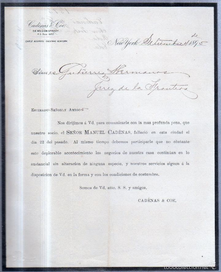 Documents Anciens: NEW YORK. 1895. CIRCULAR FALLECIMIENTO DON MANUEL CADENAS. CONTINUACION NEGOCIO CADENAS & COE