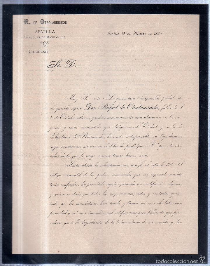 Documentos antiguos: SEVILLA. 1894. CIRCULAR FALLECIMIENTO DON RAFAEL OTAOLAURRUCHI. LIQUIDACION DE NEGOCIO