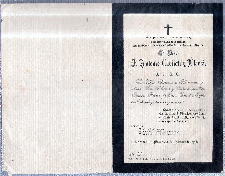 Documentos antiguos: CADIZ. 1891. ESQUELA DE DON ANTONIO CAVIJOLI Y LLAVIA