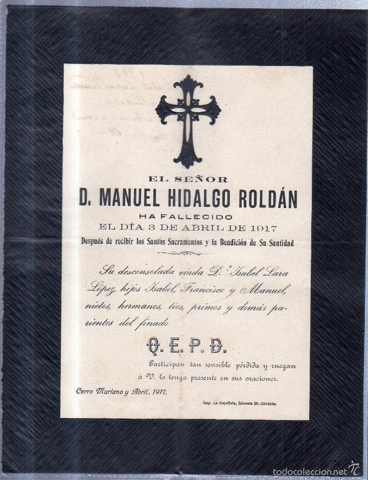 Documentos antiguos: CERRO MURIANO, 1917. ESQUELA DE DON MANUEL HIDALGO ROLDAN
