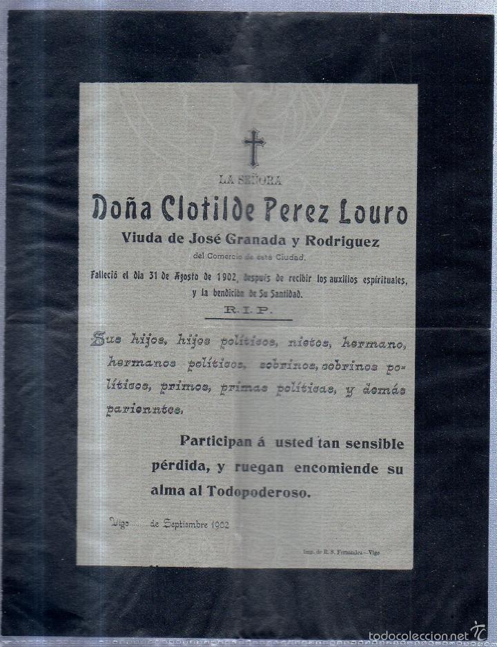 Documentos antiguos: VIGO, 1902. ESQUELA DE DO&Ntilde;A CLOTILDE PEREZ LOURO