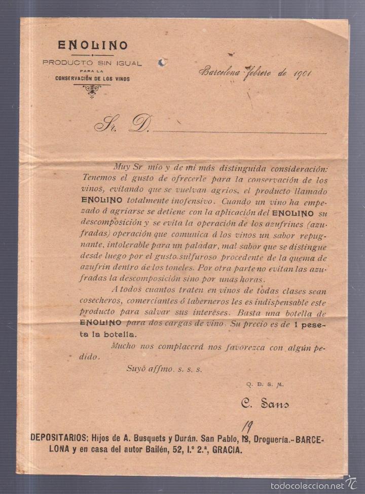 Documentos antiguos: CIRCULAR. ENOLINO. CONSERVACION DE LOS VINOS. BARCELONA. 1901. CON SELLO. VER