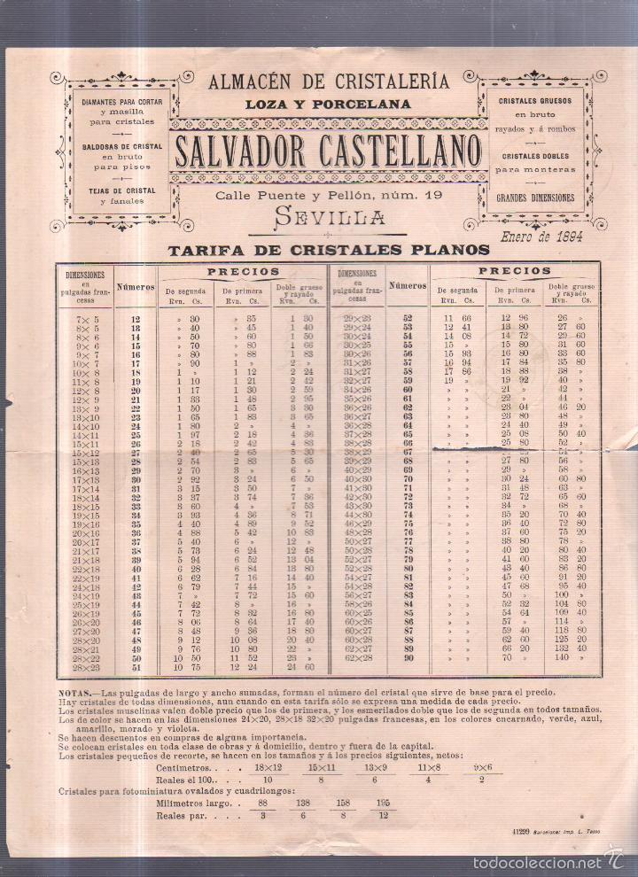 Documentos antiguos: CIRCULAR. ALMACEN DE CRISTALERIA. SALVADOR CASTELLANO. SEVILLA. TARIFA DE PRECIOS. CON SELLO. VER