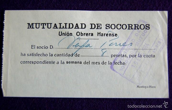 Documentos antiguos: ANTIGUA CUOTA DE LA UNION OBRERA HARENSE. MUTUALIDAD DE SOCORROS. A&Ntilde;O 1964. HARO (LA RIOJA)