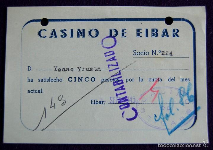 Documentos antiguos: ANTIGUO RECIBO- CARNET DEL CASINO DE EIBAR (GUIPUZCOA). A&Ntilde;O 1945.