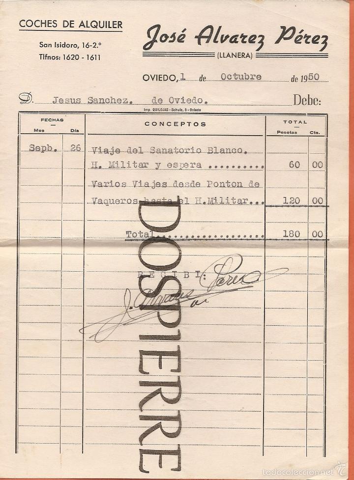 Documentos antiguos: FACTURA, COCHES DE ALQUILER, JOS&Eacute; &Aacute;LVAREZ P&Eacute;REZ, LLANERA, ASTURIAS, 1950