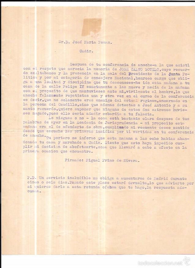 Documentos antiguos: CARTA DE PRIMO DE RIVERA A JOSE MARIA PEMAN. - Foto 1