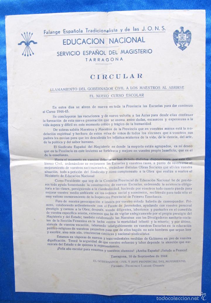 Documentos antiguos: CIRCULAR DEL SERVICIO ESPA&Ntilde;OL DE MAGISTERIO. FALANGE ESPA&Ntilde;OLA TRADICIONALISTA. TARRAGONA, 1944