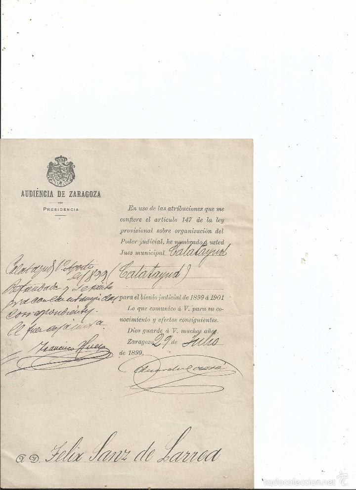 Documentos antiguos: 1899 - AUDIENCIA DE ZARAGOZA PRESIDENCIA - CALATAYUD - NOMBRAMIENTO JUEZ - SELLO FISCAL (3) DE 7 PTS