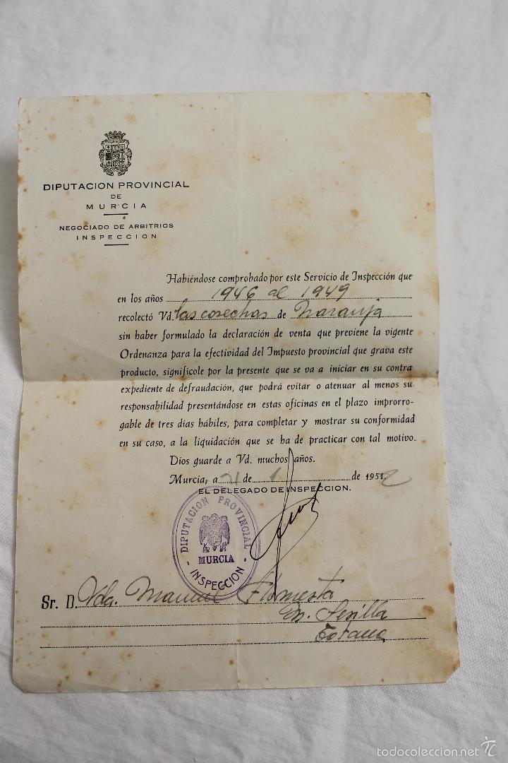 Old Documents: INSPECCION, DIPUTACION PROVINCIAL DE MURCIA TOTANA RECLAMANDO IMPUESTO COSECHA DE NARANJAS 1946-49