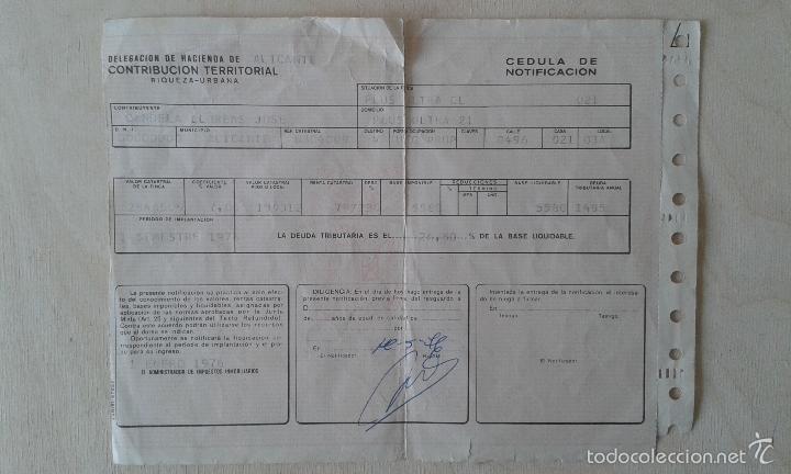 Documentos antiguos: C&Eacute;DULA DE NOTIFICACI&Oacute;N -- Deleg. de Hacienda y Contribuci&oacute;n Territ. -- Alicante, 1976 --