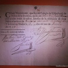 Documentos antiguos: AÑO 1747, RECIBO COLEGIO SAN ILDEFONSO, MADRID X 18 REALES DE VELLÓN X ASISTENCIA 12 NIÑOS ENTIERRO. Lote 57315355