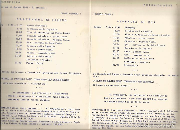 Documentos antiguos: AT22 - PROGRAMA DEL BUQUE GRIMALDI SIOSA - PRIMERA CLASE - 22 AGOSTO 1963 - Foto 2