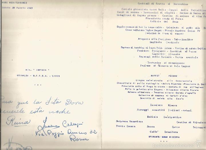 Documentos antiguos: :::: AT80 - PROGRAMA DEL BUQUE GRIMALDI SIOSA - CAPTAIN`S DINNER - MARE MEDITERRANEO - AGOSTO 1963 - Foto 2