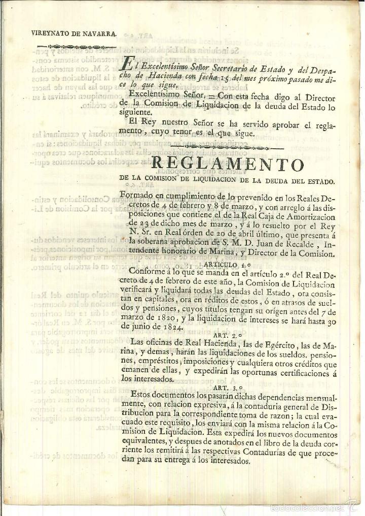 Documentos antiguos: VIREYNATO DE NAVARRA. REGLAMENTO DE LA COMISION DE LIQUIDACION DE LA DEUDA DEL ESTADO. - Foto 1