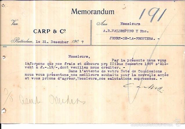 Documentos antiguos: MEMORANDUM. CARP & C&ordm;. ROTTERDAM. 1907 - Foto 1